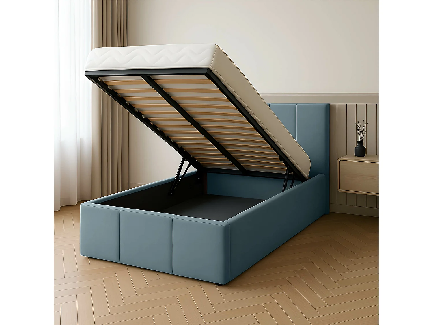 Bed Gestoffeerd 90cm x 200cm Enkel Met Opbergruimte Zeegroen