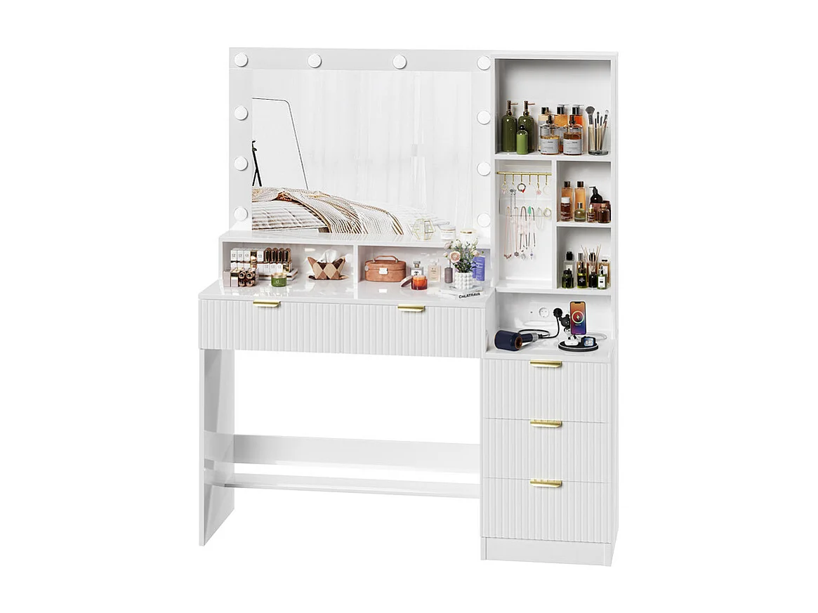 Coiffeuse avec miroir LED réglable et prises, meuble de maquillage moderne avec 5 tiroirs, étagères ouvertes et crochets à bijoux, 110 x 40 x 138 cm