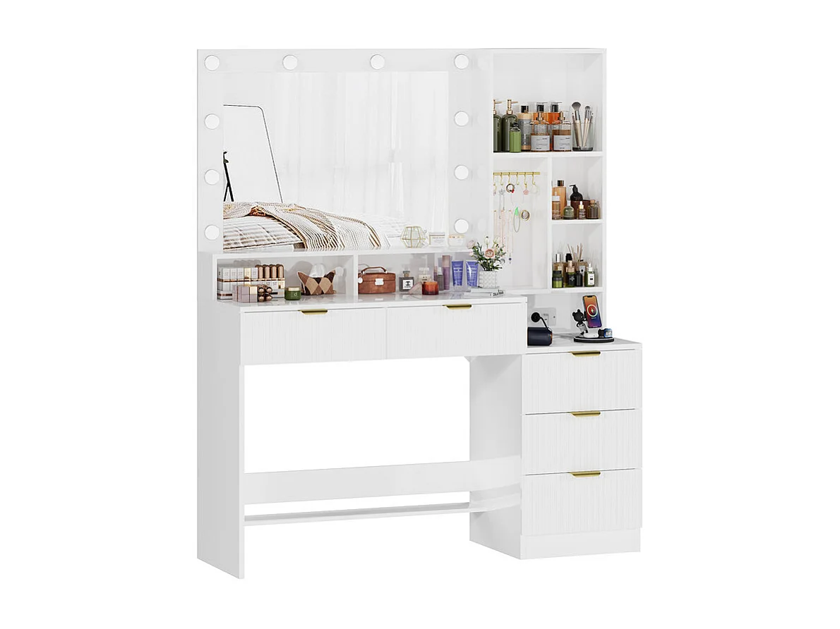 Coiffeuse avec miroir LED réglable et prises, meuble de maquillage moderne avec 5 tiroirs, étagères ouvertes et crochets à bijoux, 110 x 40 x 138 cm