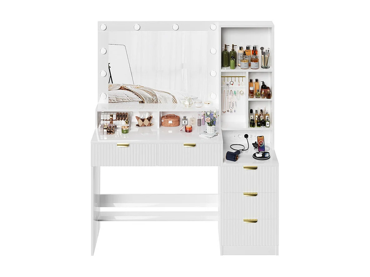 Coiffeuse avec miroir LED réglable et prises, meuble de maquillage moderne avec 5 tiroirs, étagères ouvertes et crochets à bijoux, 110 x 40 x 138 cm