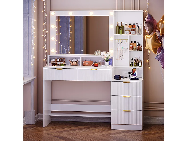 Coiffeuse avec miroir LED réglable et prises, meuble de maquillage moderne avec 5 tiroirs, étagères ouvertes et crochets à bijoux, 110 x 40 x 138 cm