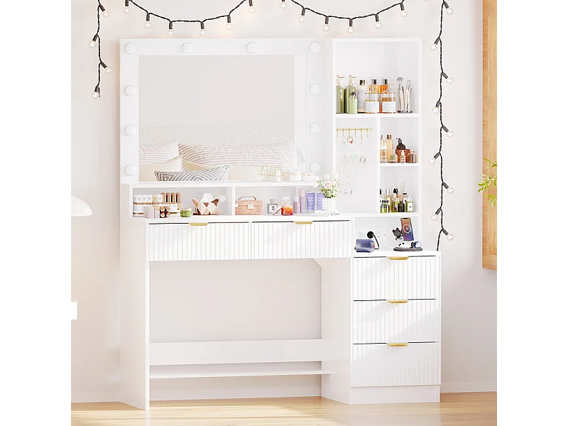 Coiffeuse avec miroir LED réglable et prises, meuble de maquillage moderne avec 5 tiroirs, étagères ouvertes et crochets à bijoux, 110 x 40 x 138 cm