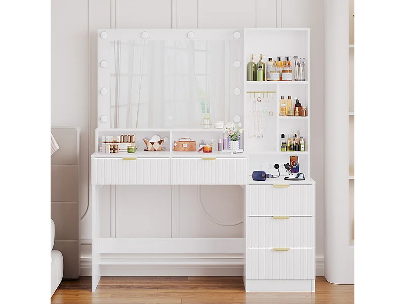 Coiffeuse avec miroir LED réglable et prises, meuble de maquillage moderne avec 5 tiroirs, étagères ouvertes et crochets à bijoux, 110 x 40 x 138 cm