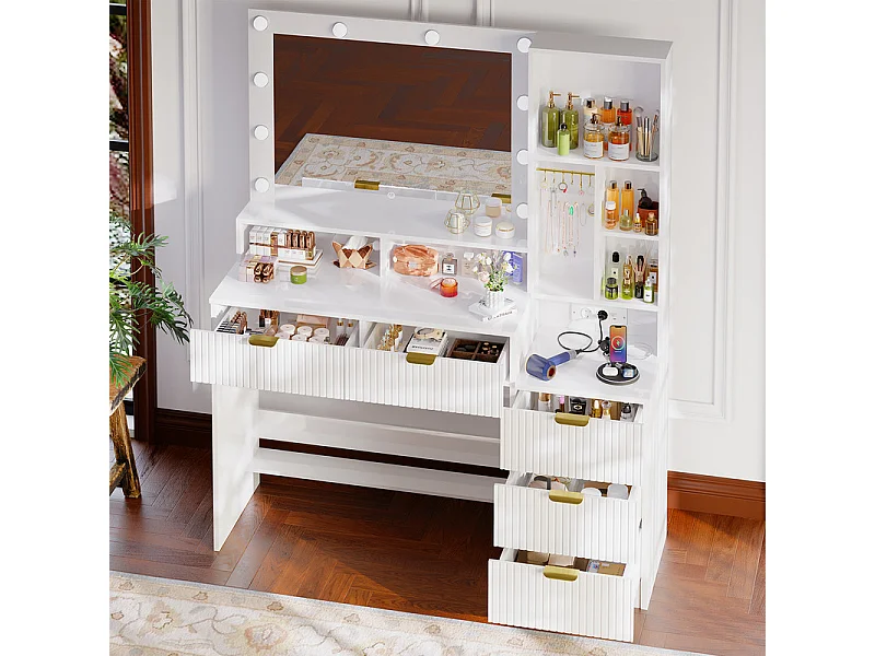 Coiffeuse avec miroir LED réglable et prises, meuble de maquillage moderne avec 5 tiroirs, étagères ouvertes et crochets à bijoux, 110 x 40 x 138 cm