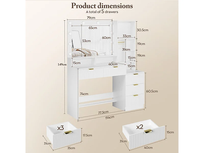 Coiffeuse avec miroir LED réglable et prises, meuble de maquillage moderne avec 5 tiroirs, étagères ouvertes et crochets à bijoux, 110 x 40 x 138 cm