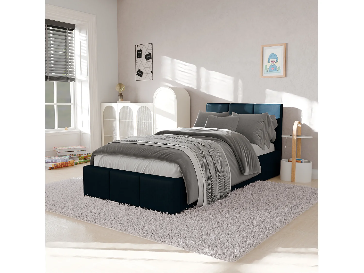 Bed Gestoffeerd 90cm x 200cm Enkel Met Opbergruimte Marineblauw