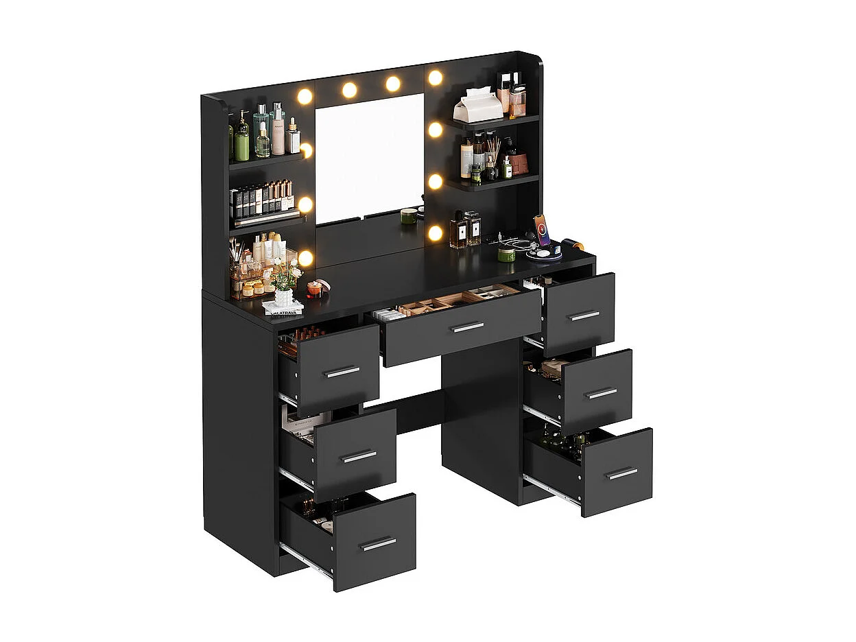Coiffeuse avec miroir LED réglable et prise, bureau de maquillage moderne, 7 tiroirs et 4 étagères, avec tabouret, 110 x 40 x 137 cm