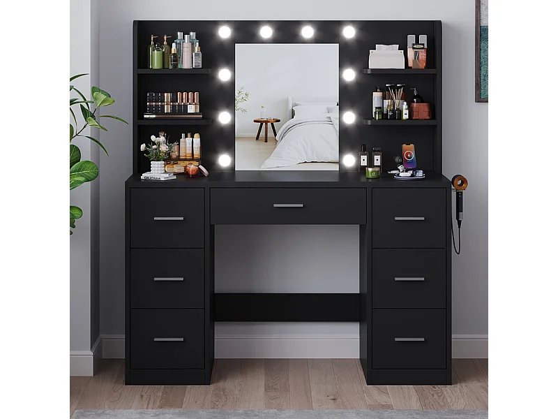 Coiffeuse avec miroir LED réglable et prise, bureau de maquillage moderne, 7 tiroirs et 4 étagères, avec tabouret, 110 x 40 x 137 cm