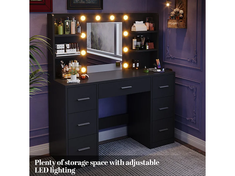 Coiffeuse avec miroir LED réglable et prise, bureau de maquillage moderne, 7 tiroirs et 4 étagères, avec tabouret, 110 x 40 x 137 cm