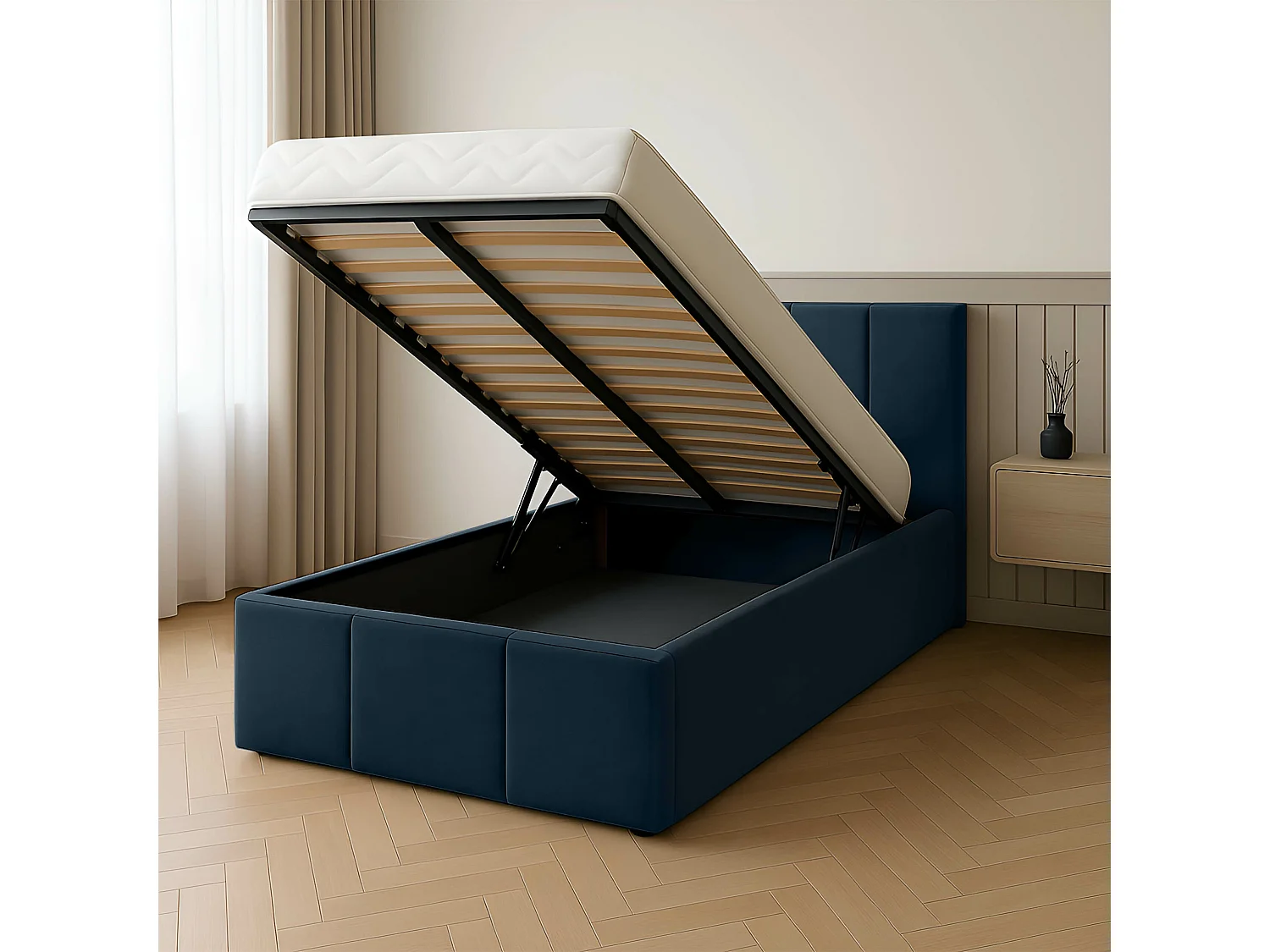 Bed Gestoffeerd 90cm x 200cm Enkel Met Opbergruimte Marineblauw
