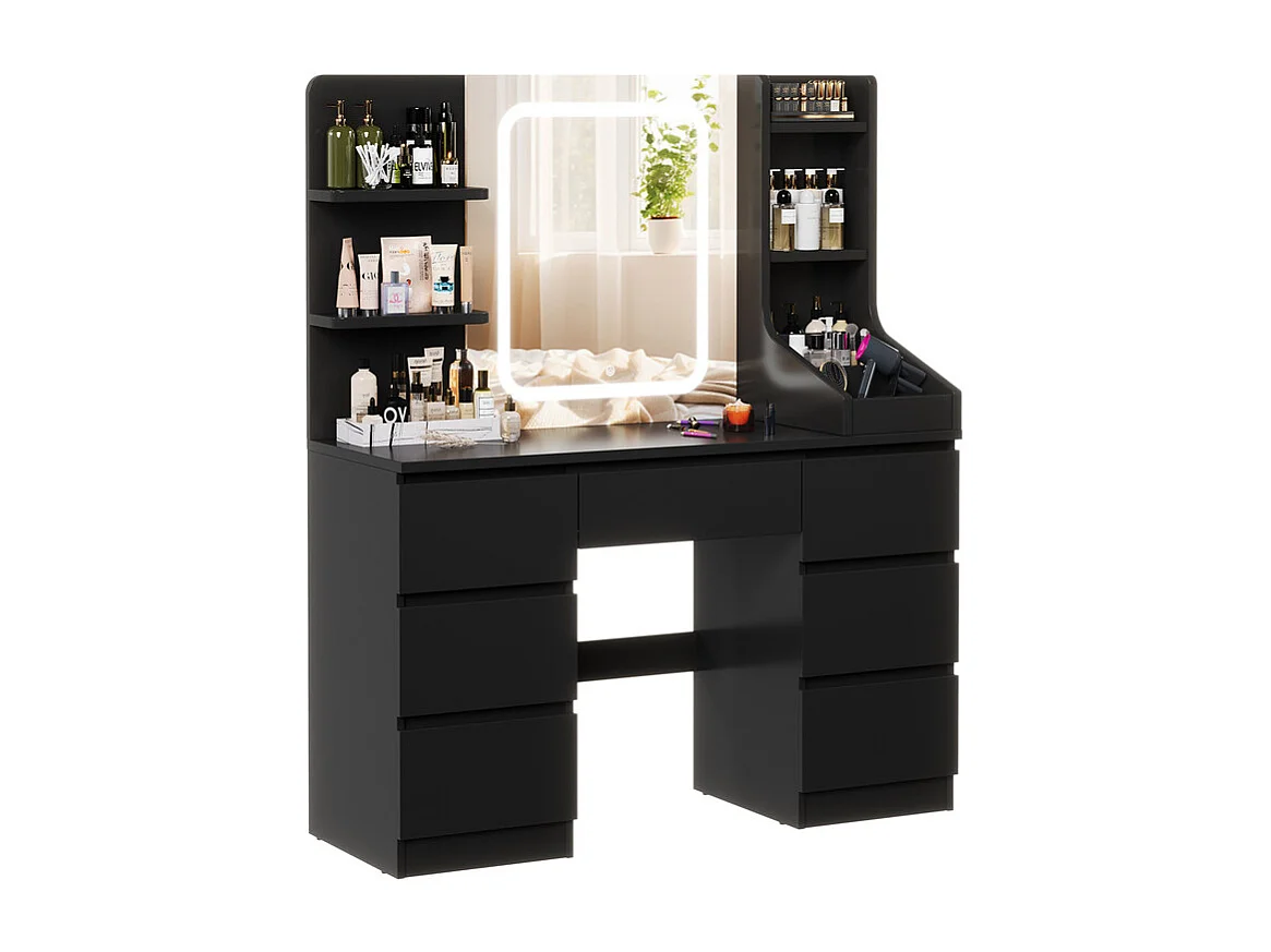 Coiffeuse LED avec 7 grands tiroirs, 3 couleurs et luminosité réglable, coiffeuse avec miroir pour chambre à coucher