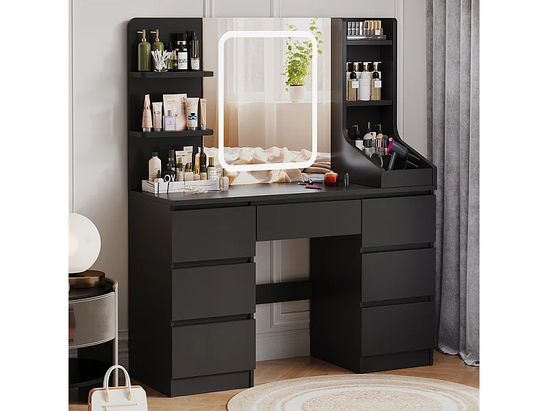 Coiffeuse LED avec 7 grands tiroirs, 3 couleurs et luminosité réglable, coiffeuse avec miroir pour chambre à coucher