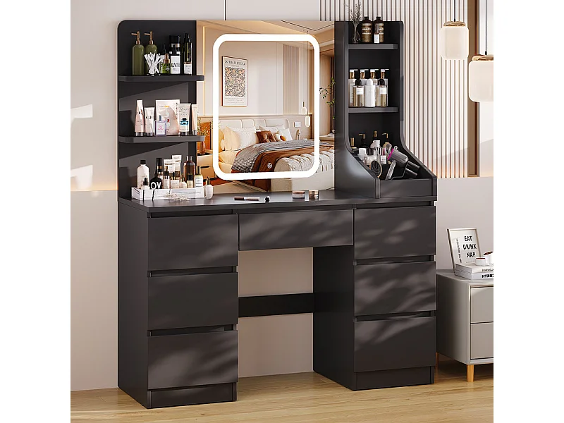 Coiffeuse LED avec 7 grands tiroirs, 3 couleurs et luminosité réglable, coiffeuse avec miroir pour chambre à coucher