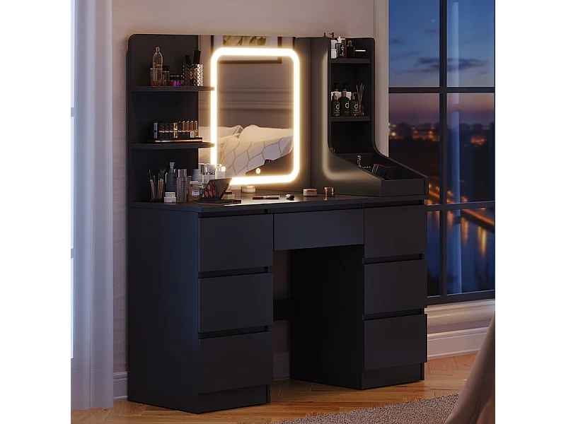 Coiffeuse LED avec 7 grands tiroirs, 3 couleurs et luminosité réglable, coiffeuse avec miroir pour chambre à coucher