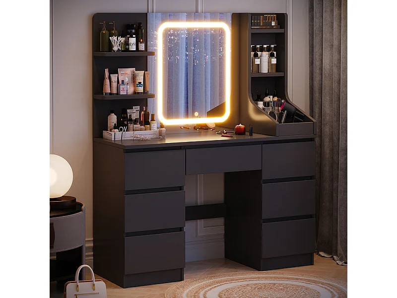 Coiffeuse LED avec 7 grands tiroirs, 3 couleurs et luminosité réglable, coiffeuse avec miroir pour chambre à coucher