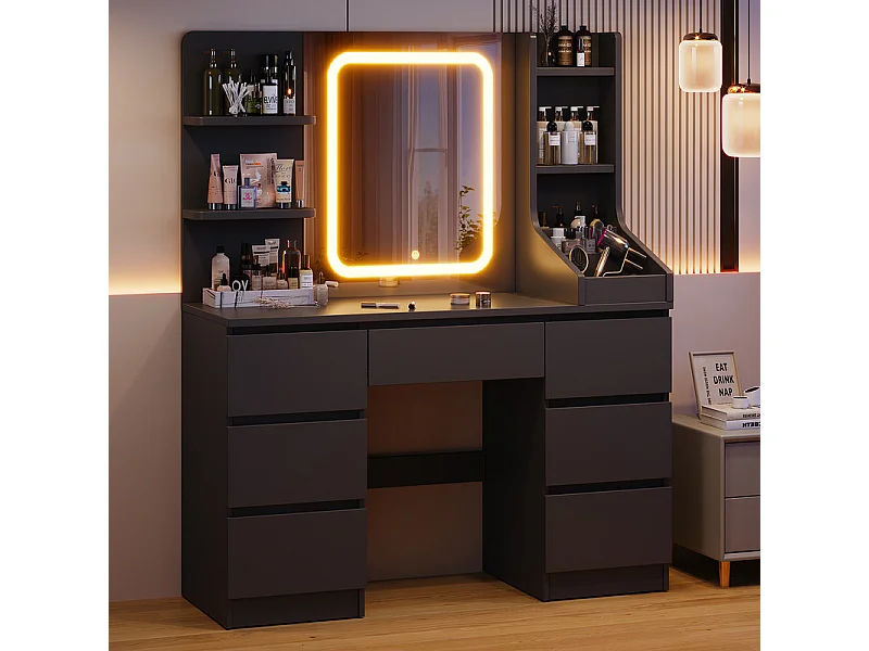 Coiffeuse LED avec 7 grands tiroirs, 3 couleurs et luminosité réglable, coiffeuse avec miroir pour chambre à coucher