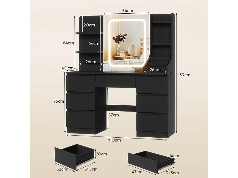 Coiffeuse LED avec 7 grands tiroirs, 3 couleurs et luminosité réglable, coiffeuse avec miroir pour chambre à coucher
