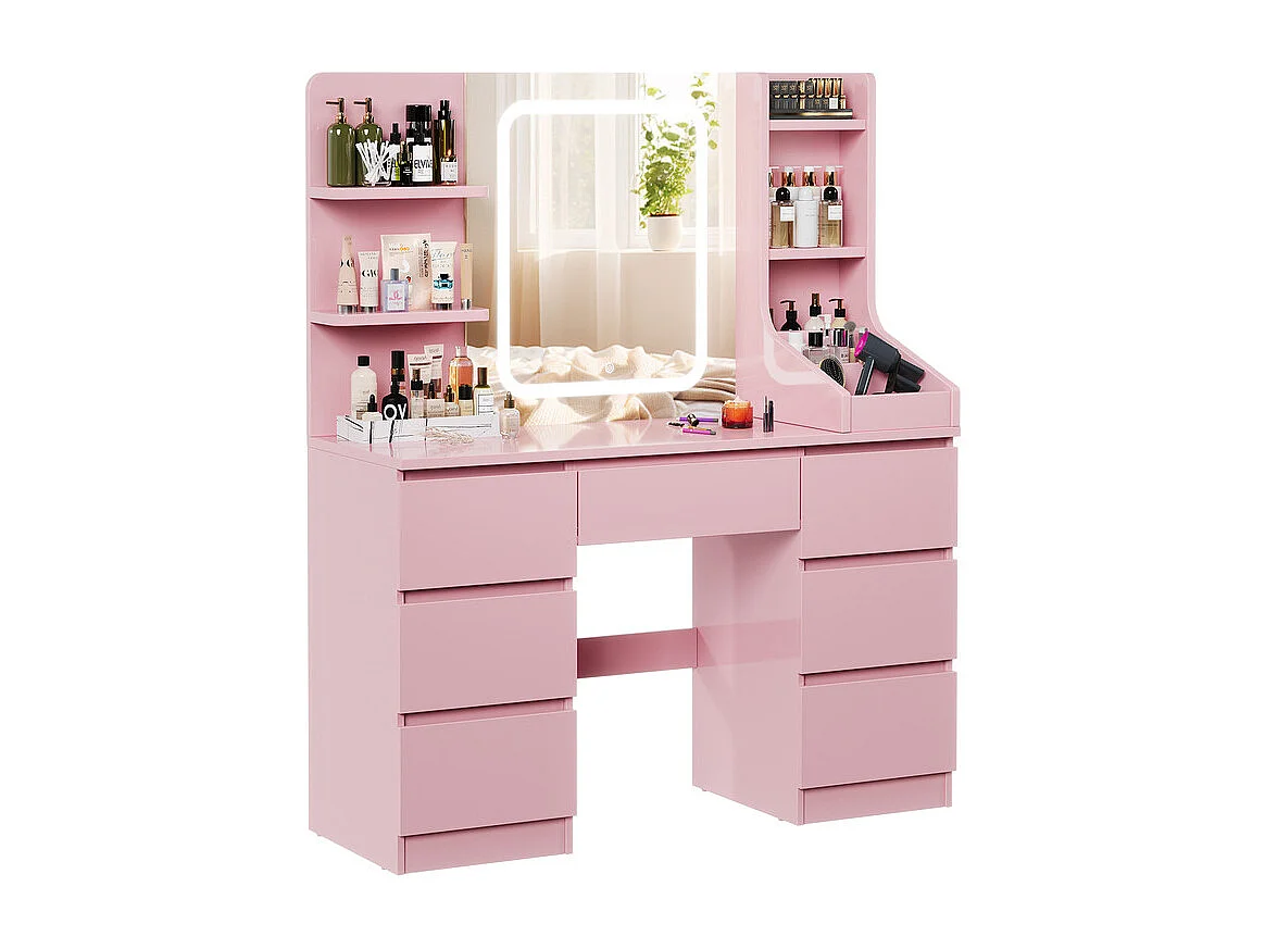 Coiffeuse LED avec 7 grands tiroirs, 5 couleurs et luminosité réglable, coiffeuse avec miroir pour chambre à coucher