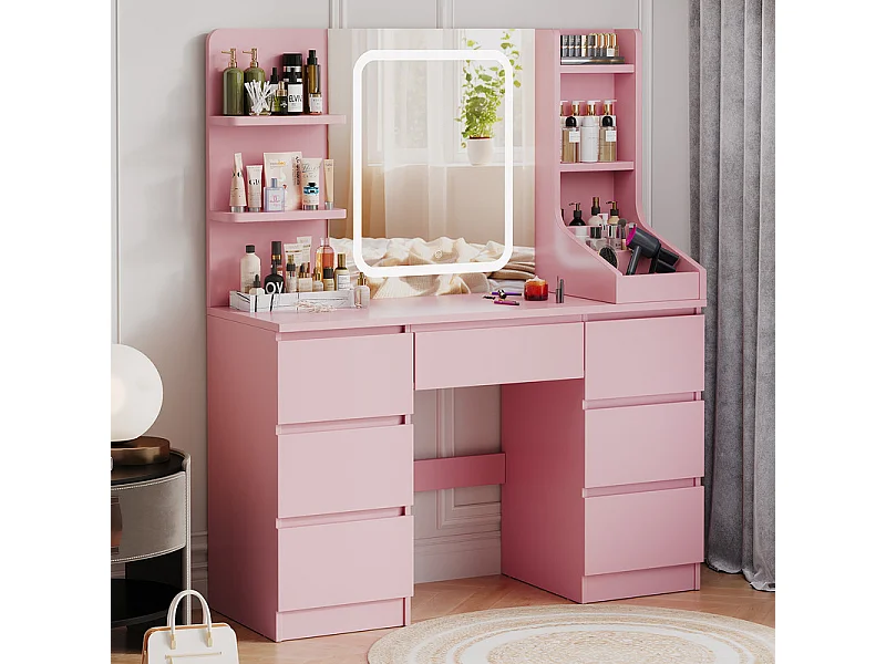 Coiffeuse LED avec 7 grands tiroirs, 5 couleurs et luminosité réglable, coiffeuse avec miroir pour chambre à coucher