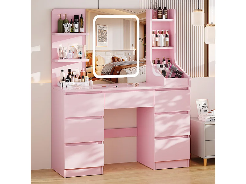 Coiffeuse LED avec 7 grands tiroirs, 5 couleurs et luminosité réglable, coiffeuse avec miroir pour chambre à coucher