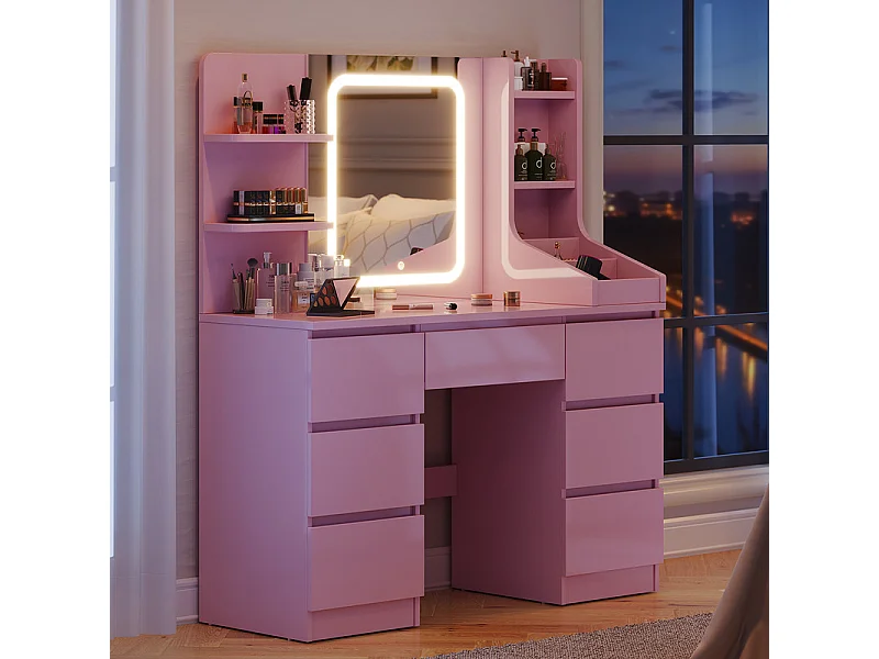 Coiffeuse LED avec 7 grands tiroirs, 5 couleurs et luminosité réglable, coiffeuse avec miroir pour chambre à coucher