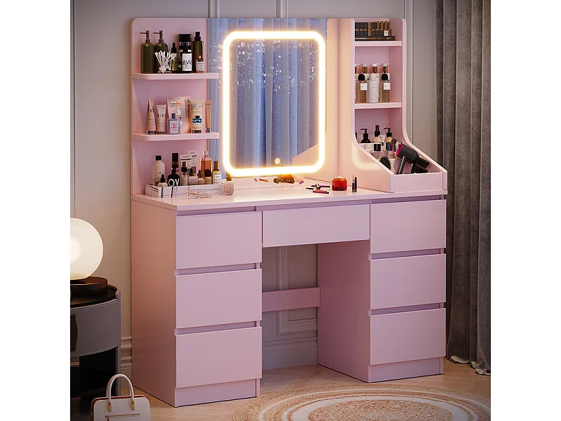 Coiffeuse LED avec 7 grands tiroirs, 5 couleurs et luminosité réglable, coiffeuse avec miroir pour chambre à coucher