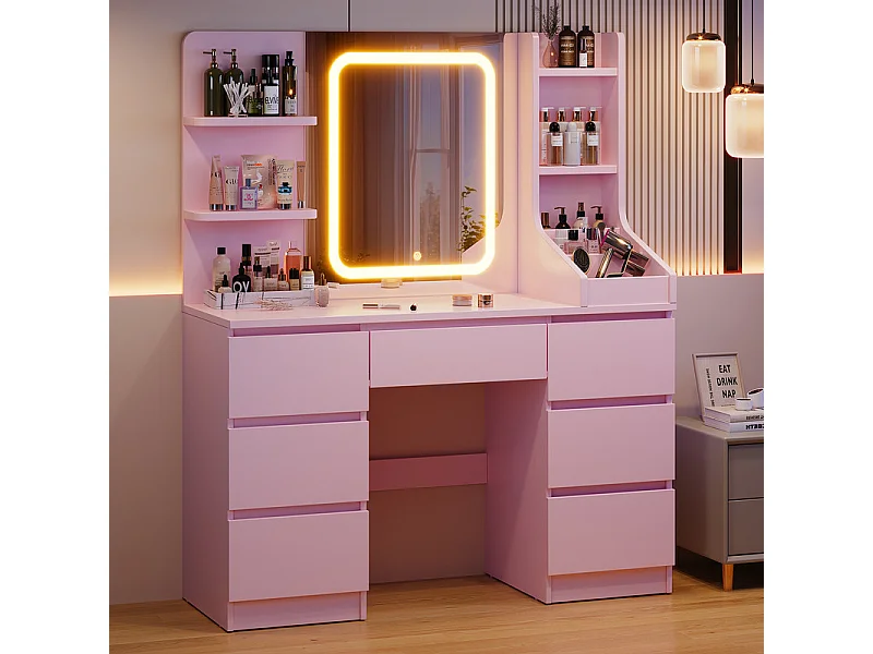 Coiffeuse LED avec 7 grands tiroirs, 5 couleurs et luminosité réglable, coiffeuse avec miroir pour chambre à coucher