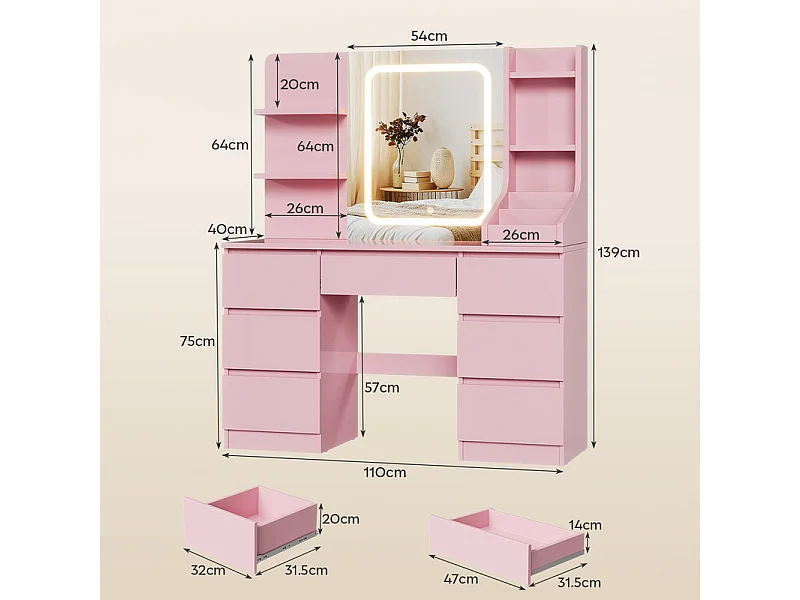 Coiffeuse LED avec 7 grands tiroirs, 5 couleurs et luminosité réglable, coiffeuse avec miroir pour chambre à coucher