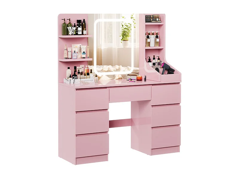 Coiffeuse LED avec 7 grands tiroirs, 5 couleurs et luminosité réglable, coiffeuse avec miroir pour chambre à coucher