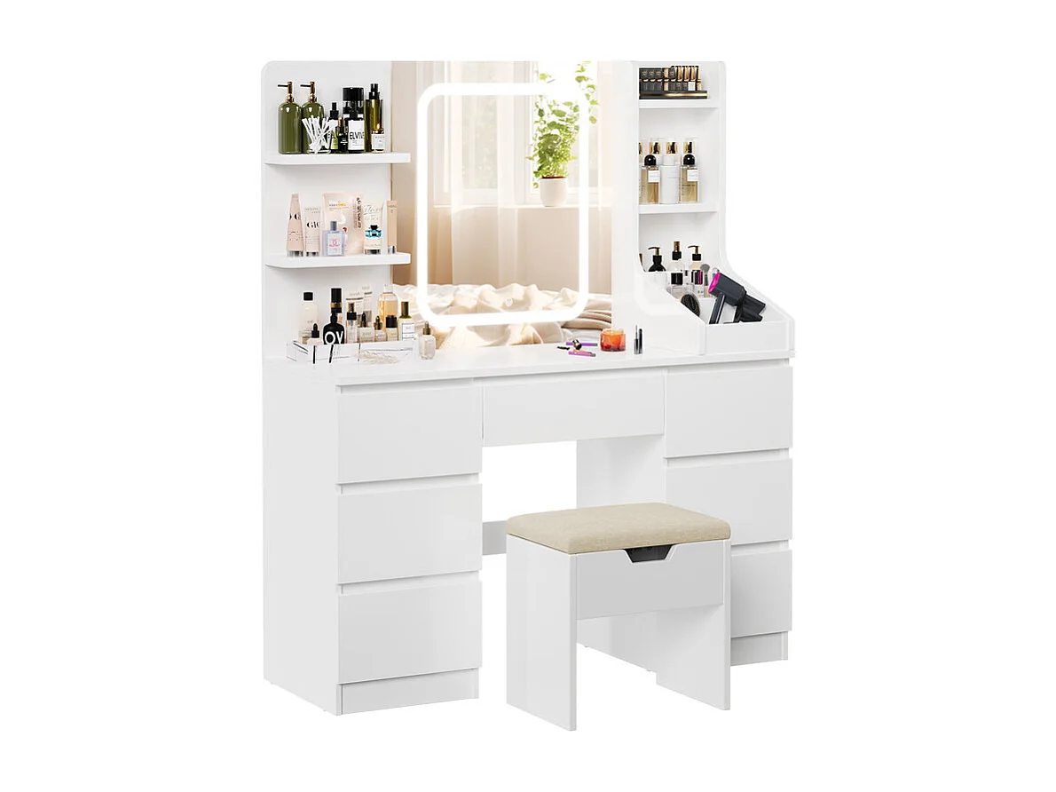 Coiffeuse LED avec 7 grands tiroirs, 8 couleurs et luminosité réglable, coiffeuse avec miroir pour chambre à coucher