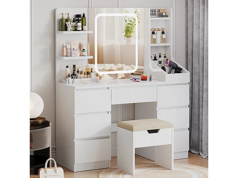 Coiffeuse LED avec 7 grands tiroirs, 8 couleurs et luminosité réglable, coiffeuse avec miroir pour chambre à coucher