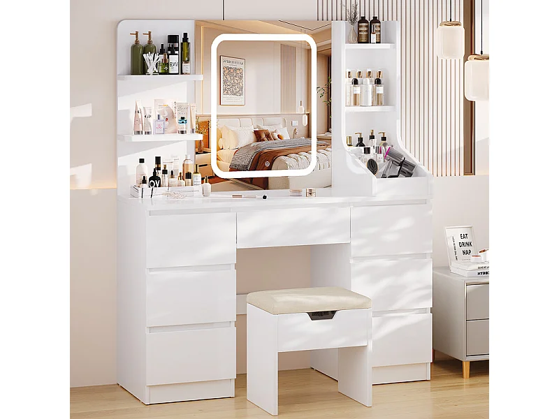 Coiffeuse LED avec 7 grands tiroirs, 8 couleurs et luminosité réglable, coiffeuse avec miroir pour chambre à coucher