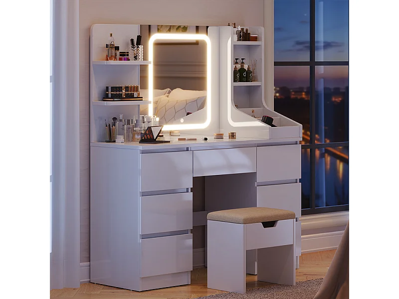 Coiffeuse LED avec 7 grands tiroirs, 8 couleurs et luminosité réglable, coiffeuse avec miroir pour chambre à coucher