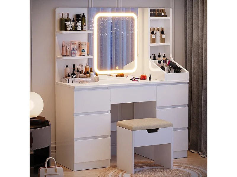 Coiffeuse LED avec 7 grands tiroirs, 8 couleurs et luminosité réglable, coiffeuse avec miroir pour chambre à coucher