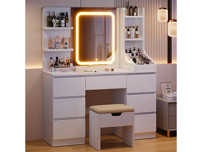 Coiffeuse LED avec 7 grands tiroirs, 8 couleurs et luminosité réglable, coiffeuse avec miroir pour chambre à coucher