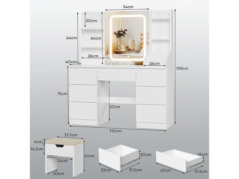Coiffeuse LED avec 7 grands tiroirs, 8 couleurs et luminosité réglable, coiffeuse avec miroir pour chambre à coucher