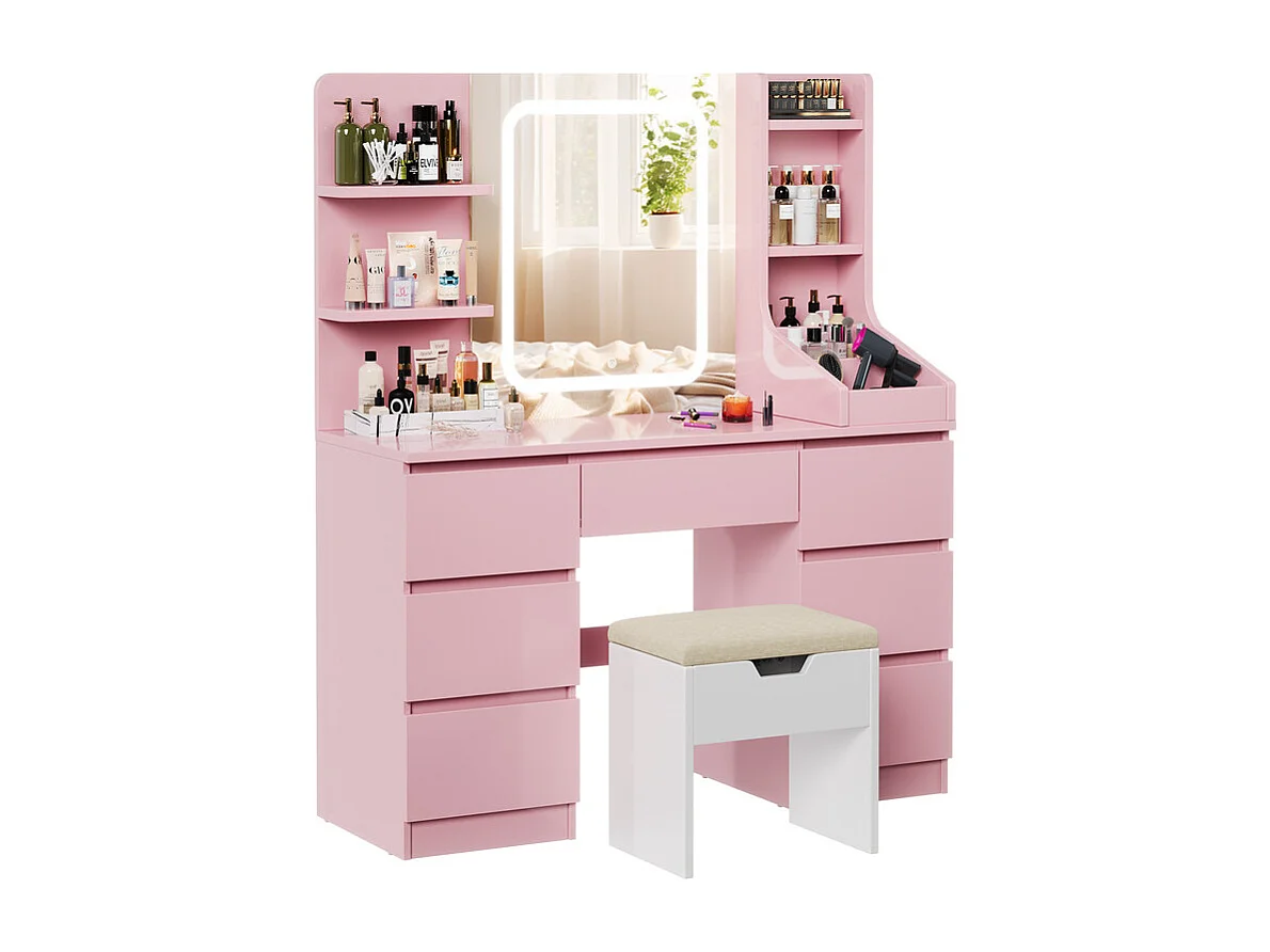 Coiffeuse LED avec 7 grands tiroirs, 6 couleurs et luminosité réglable, coiffeuse avec miroir pour chambre à coucher