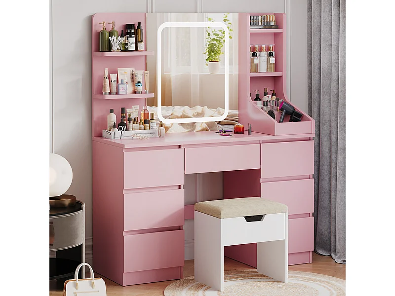 Coiffeuse LED avec 7 grands tiroirs, 6 couleurs et luminosité réglable, coiffeuse avec miroir pour chambre à coucher