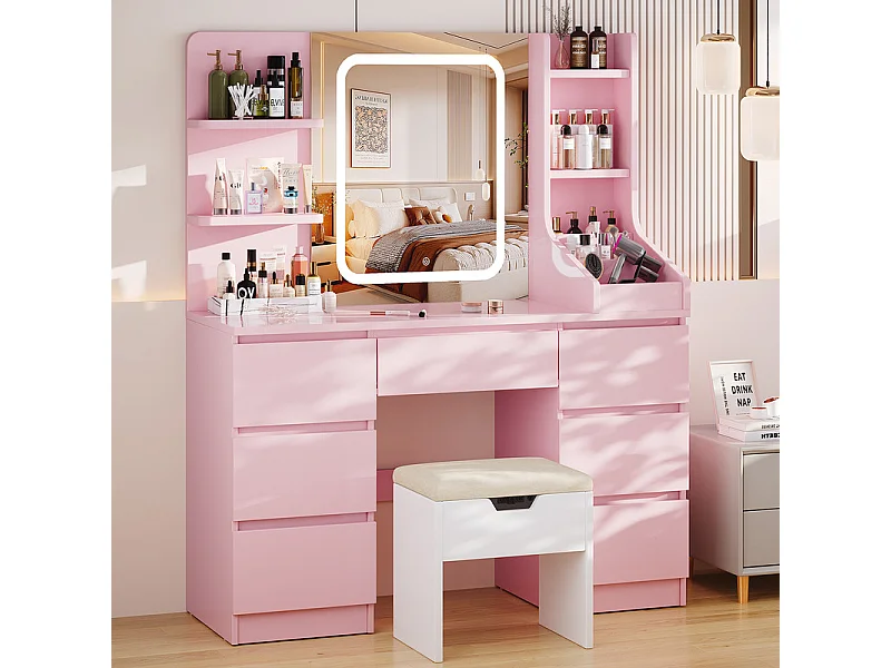 Coiffeuse LED avec 7 grands tiroirs, 6 couleurs et luminosité réglable, coiffeuse avec miroir pour chambre à coucher