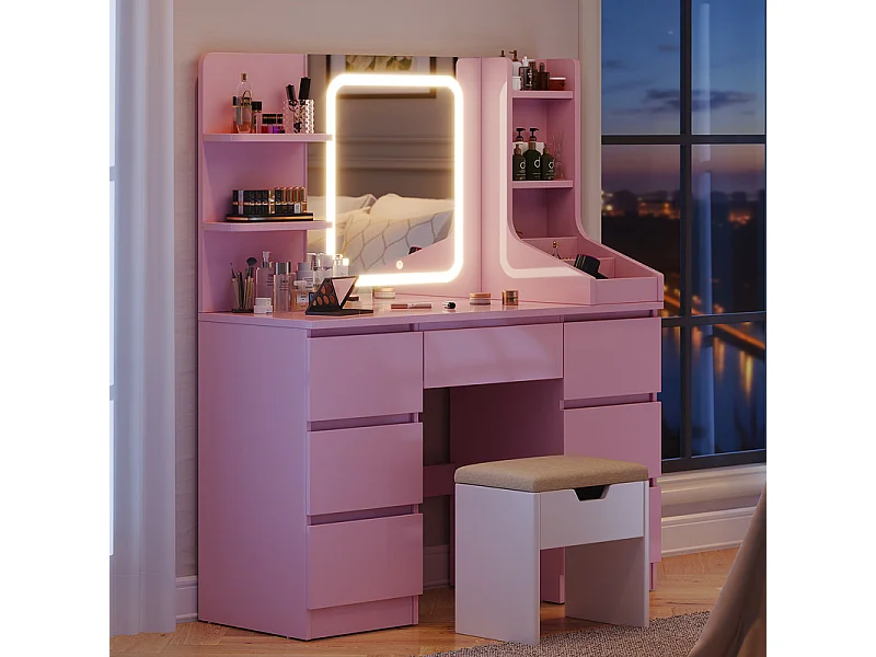 Coiffeuse LED avec 7 grands tiroirs, 6 couleurs et luminosité réglable, coiffeuse avec miroir pour chambre à coucher