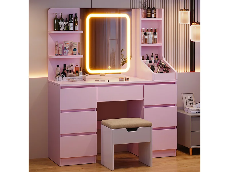 Coiffeuse LED avec 7 grands tiroirs, 6 couleurs et luminosité réglable, coiffeuse avec miroir pour chambre à coucher