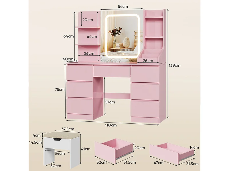 Coiffeuse LED avec 7 grands tiroirs, 6 couleurs et luminosité réglable, coiffeuse avec miroir pour chambre à coucher
