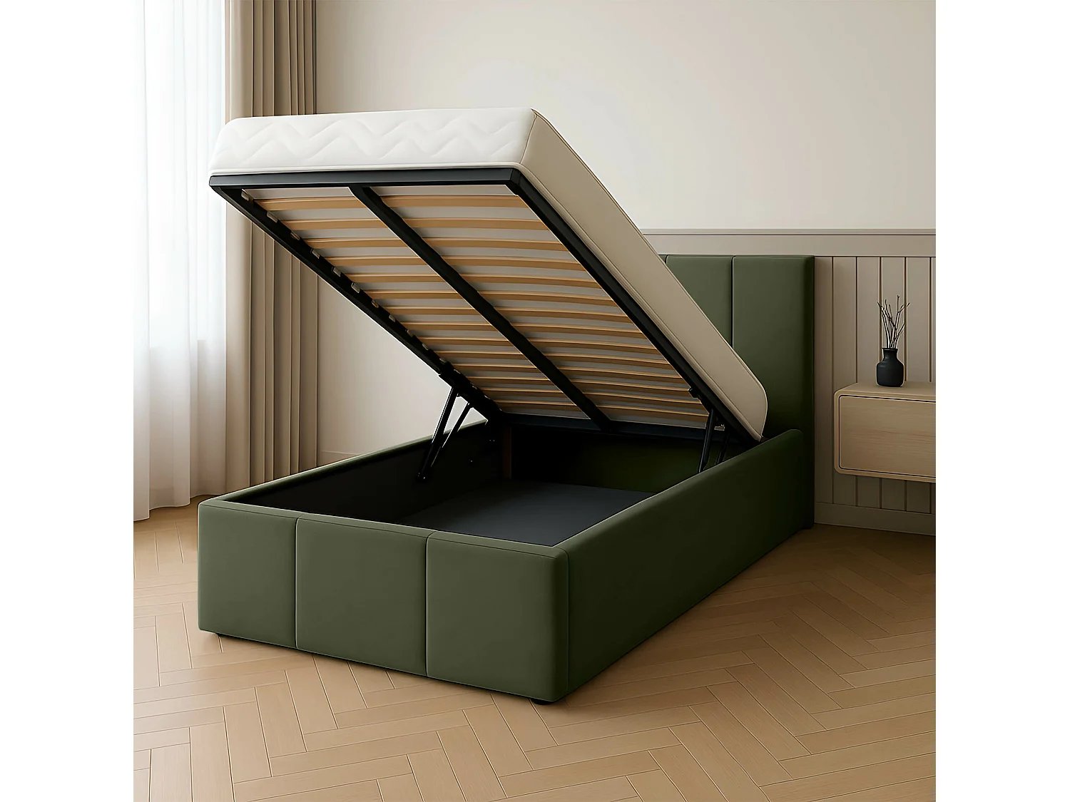Bed Gestoffeerd 90cm x 200cm Enkel Met Opbergruimte Khaki