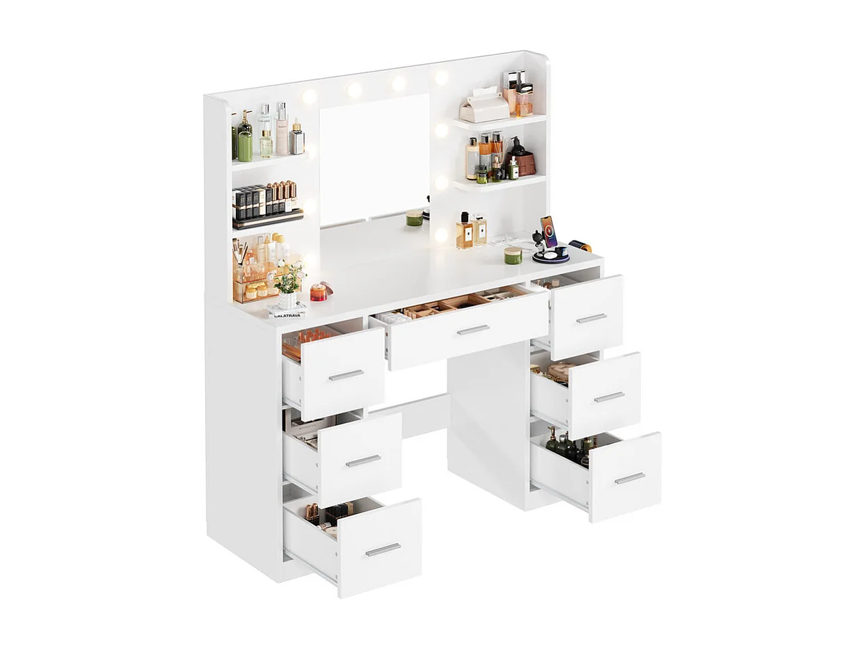 Coiffeuse avec miroir LED réglable et prise, bureau de maquillage moderne, 7 tiroirs et 4 étagères, avec tabouret, 110 x 40 x 139 cm