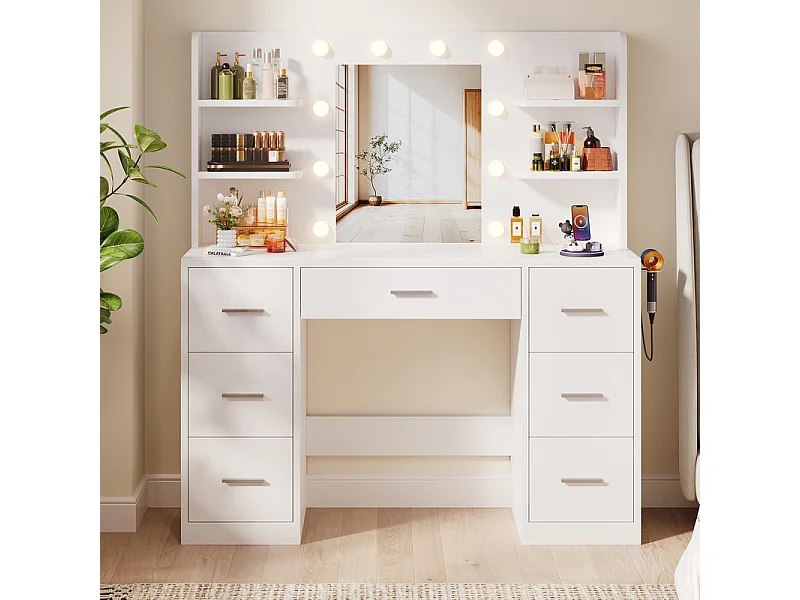 Coiffeuse avec miroir LED réglable et prise, bureau de maquillage moderne, 7 tiroirs et 4 étagères, avec tabouret, 110 x 40 x 139 cm