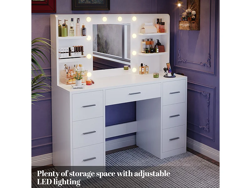 Coiffeuse avec miroir LED réglable et prise, bureau de maquillage moderne, 7 tiroirs et 4 étagères, avec tabouret, 110 x 40 x 139 cm