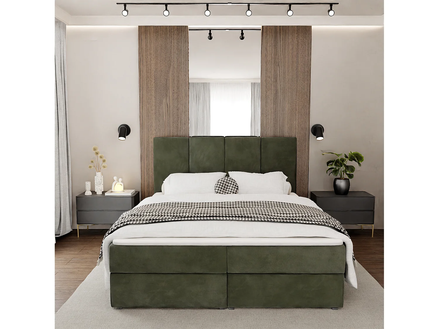 Bed Continentaal 160x200 cm Gestoffeerd Dubbel Met Matras Khaki Velours Magic Velvet