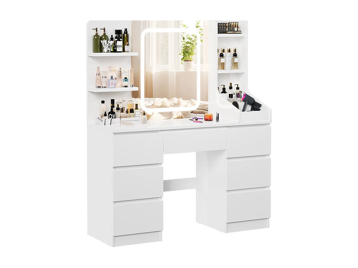 Coiffeuse LED avec 7 grands tiroirs, 7 couleurs et luminosité réglable, coiffeuse avec miroir pour chambre à coucher