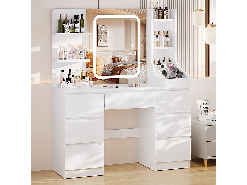 Coiffeuse LED avec 7 grands tiroirs, 7 couleurs et luminosité réglable, coiffeuse avec miroir pour chambre à coucher