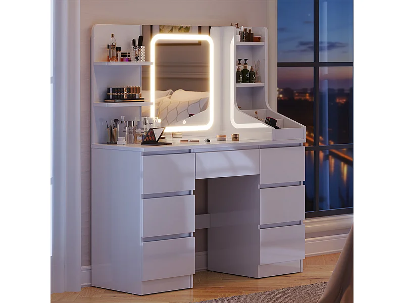 Coiffeuse LED avec 7 grands tiroirs, 7 couleurs et luminosité réglable, coiffeuse avec miroir pour chambre à coucher